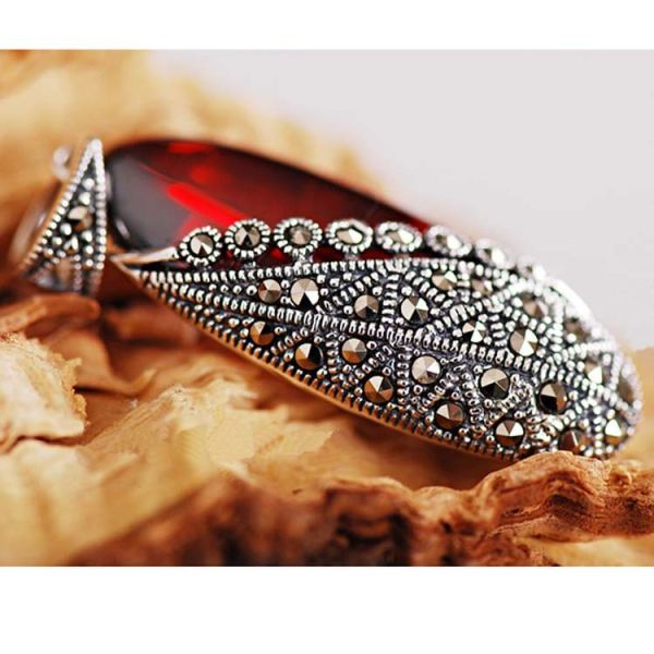 Vintage Thai 925 Silver Garnet Marcasite Pendant and 18 Inches Chain(N11065RED)