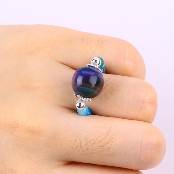 4mm Handmade Gemstone Beaded Ring Adjustable Elastic Blue Apatite Stone Ring Witth Colored Tigere's Eye Bead For Party D