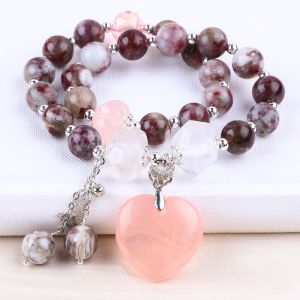 Pulm Blossom Tourmaline Rose Quartz Heart Dangle Charm Stretch Double Layer Bead