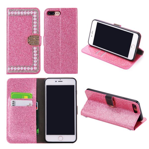 High Quality Pearl Design Diamond Stand Bling Crystal Leather Wallet Phone Case