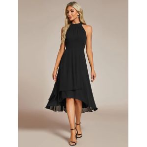 A Line Sleeveless Halter Neck Wedding Guest Dress Burgundy Chiffon Graduation