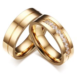 6mm Wedding Stainless Steel Rings with CZ Stone Inlay Gold Plated Flat Edges