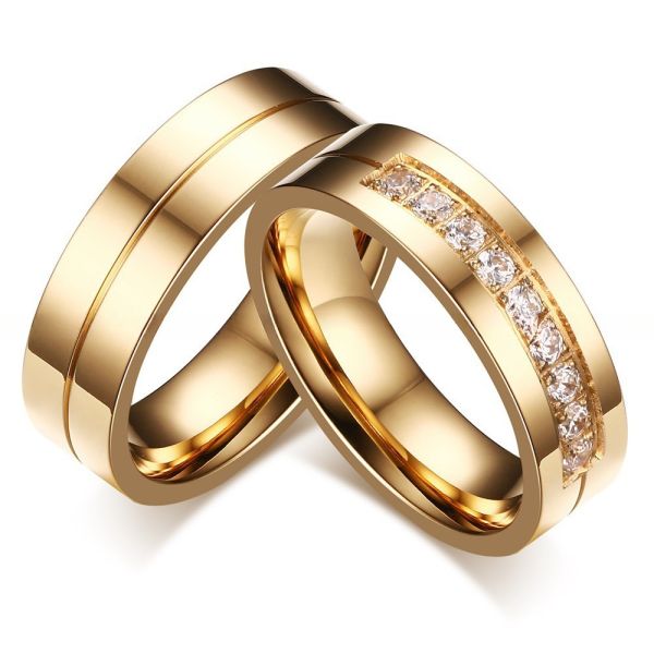 6mm Wedding Stainless Steel Rings with CZ Stone Inlay Gold Plated Flat Edges