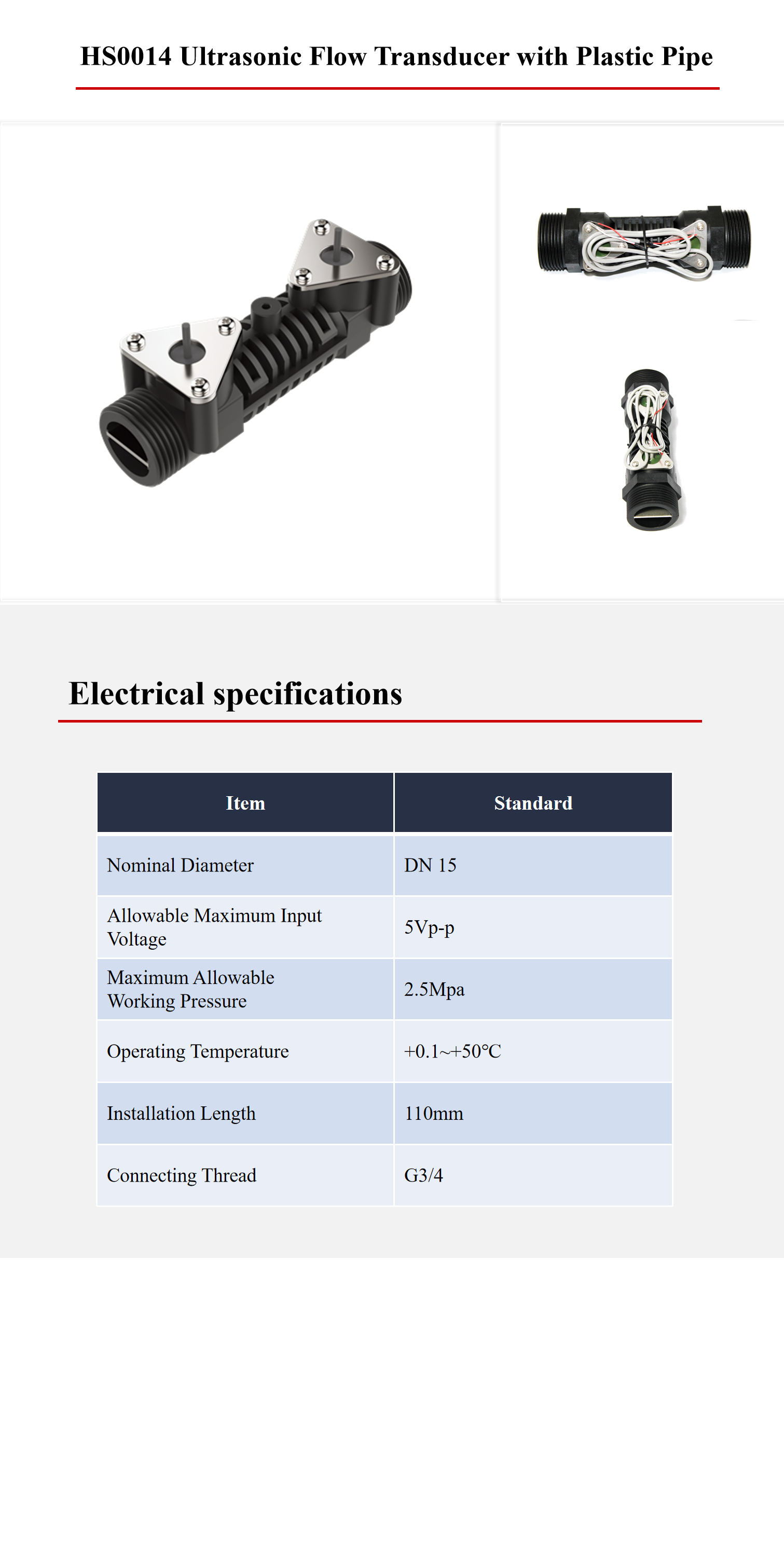 1.6Mpa Ultrasonic Flow Transducer DN15 Water Flow Transducer With Plastic Pipe