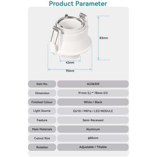 Adjustable Recessed Spotlight Frame With Anti-Glare GU10 For Commercial Spaces