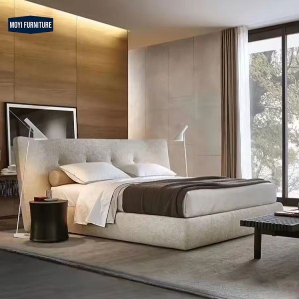 Modular queen size bed room furniture set featuring full upholstered linen frame and modern luxury furniture designs