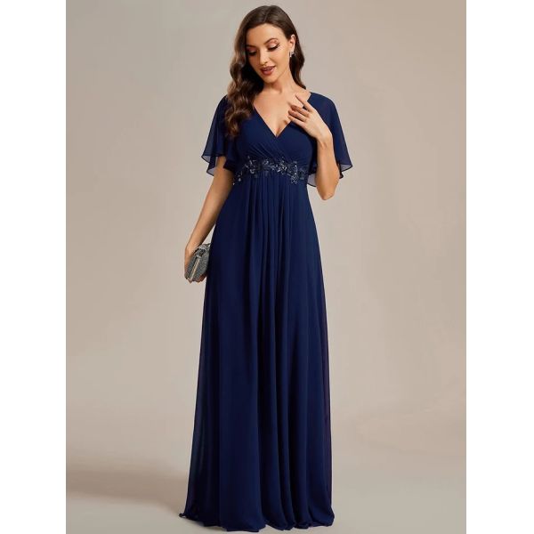 Sexy Empire Applique A-line Short Flutter Sleeves V-neck Invisible Zipper Navy Blue Chiffon Graduation Dress