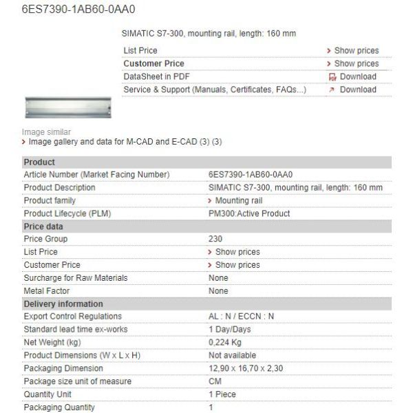 6ES7390-1AB60-0AA0 6ES7 390-1AB60-0AA0 Siemens Profile Rail