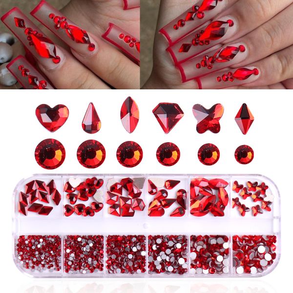 Nail Art Glass Stone strass 12 Grid/box Multi Shapes Mixed Sizes Flat Back Round nail charms in bulk Rhinestones