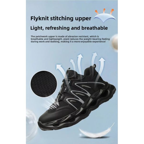 Breathable Microfiber Leather Mesh Safety Shoes With Kevlar Anti-stab Steel Toe And EVA Sole In Black