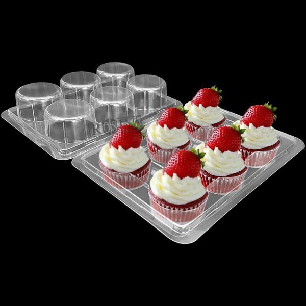 Customized 6 Hole Clear Hinged Cupcake Containers Rectangle With Lid