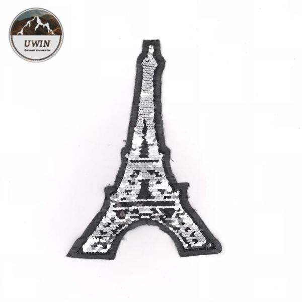 Famous Eiffel Tower Sequin Embroidery Patches Silver / Black For Garment
