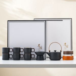 Ceramic Porcelain Coffee Cup Set with Wooden Handle and Gradient Glaze