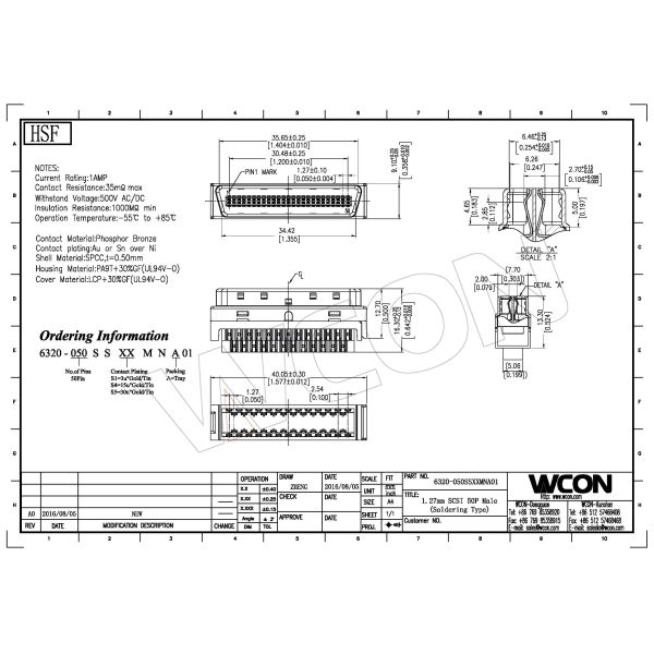 1.27mm scsi connector cen-type male mating with 6321/6321M 50 pins phosphor bronze polyester