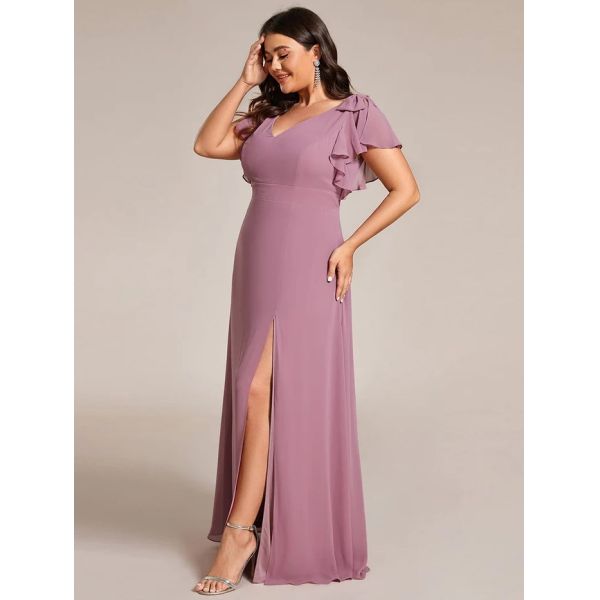 Empire Plus Size Zipper V-neck High Split A-line Short Sleeve Purple Orchid Chiffon Bridesmaid Dress With Ribbon Bow