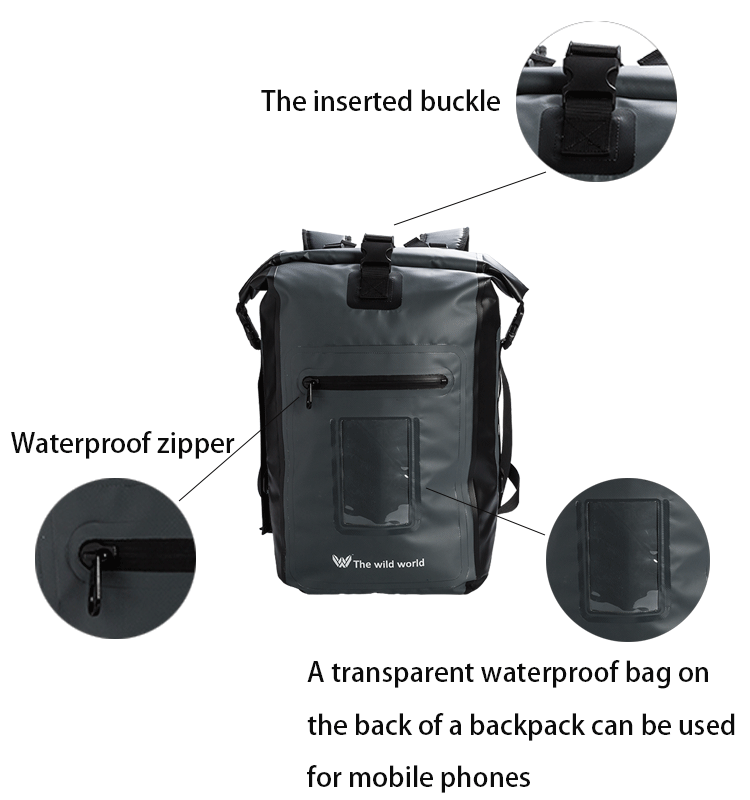 20L Waterproof Roll Top Outdoor Sports Backpack, Laptop Backpack with Transparent Phone Case