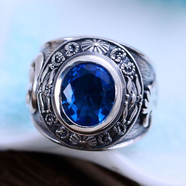 Vintage Jewelty Sterling Silver Blue Cubic Zircon Men Ring (XH053342W)