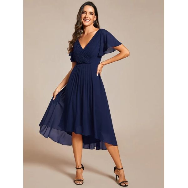 Chic V-neck High-low Short Flutter Sleeves A-line Ruffles Midi Invisible Zipper Navy Blue Chiffon Bridesmaid Dress