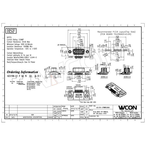 PA66 15 Pin female D Sub Connector phosphor bronze slim with WCON logo ROHS