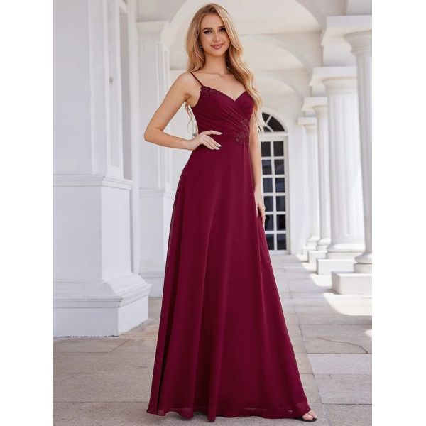 Chic V-neck Pleated Sleeveless Backless A-line Empire Spaghetti Strap Applique Waist Burgundy Chiffon Bridesmaid Dress