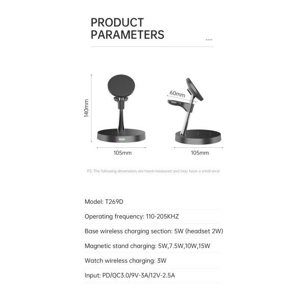 3W Watch Position 15W Base Position Folding Wireless Charging Stand With Zinc Alloy ABS Body