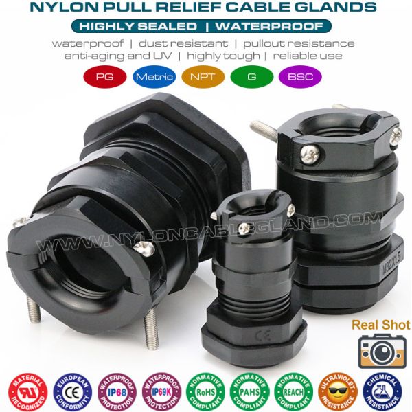 IP68 Nylon Plastic Black PG Cable Glands PG9-PG48 with Traction Relief (Strain Relief / Pull Relief) IP68 Nylon Plastic Black PG Cable Glands PG9-PG48 with Traction Relief (Strain Relief / Pull Relief)