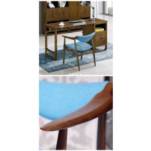 Fabric Solid Wood Blue Wooden Dining Chair With Armrest