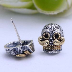 Retro Womens Jewelry Two Tone Silver Skull Stud Earrings(XH055010W)