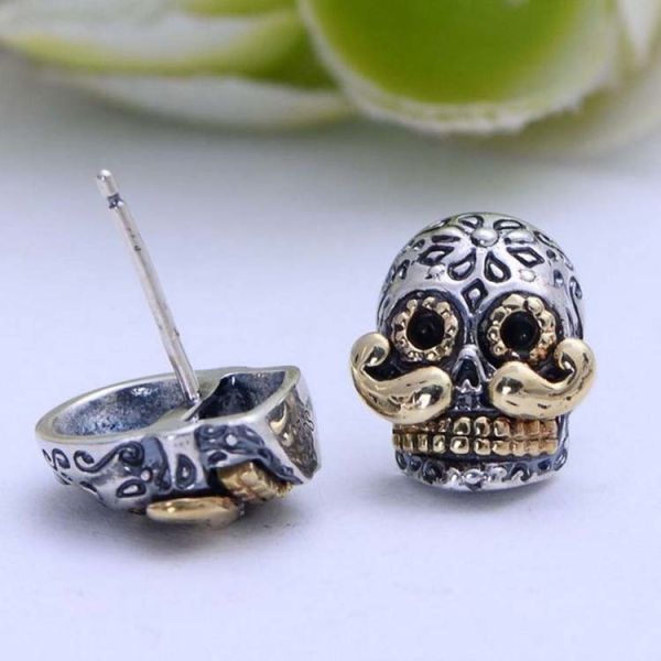Retro Womens Jewelry Two Tone Silver Skull Stud Earrings(XH055010W)