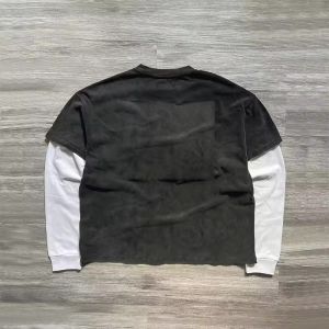 Custom Double Layer Long Sleeve Tshirt Print Logo Graphic Tee Acid Wash Sun