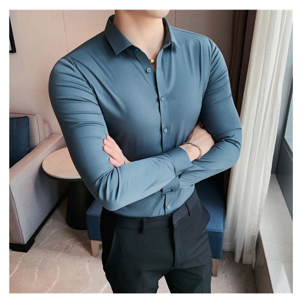 Autumn DRESS SHIRTS Business Casual Custom Long Sleeve Solid Cotton Slim Fit Men Shirt