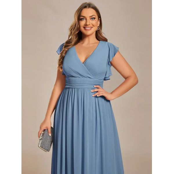 Empire Plus Size V-neck Open Back Ruffled A-line Cap Sleeves Dusty Navy Chiffon Evening Dress