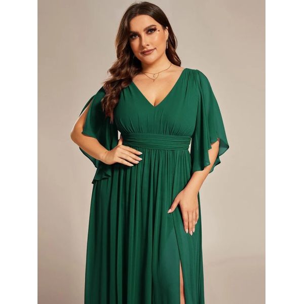 Empire Plus Size V-neck Ruffled A-line Invisible Zipper Half Flutter Sleeves Dark Green Chiffon Party Dress