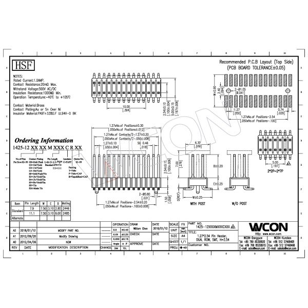 Pin Header Connector 1.27* 2.54 mm Pitch Brass pcb Pedestal plug