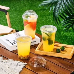 Disposable Plastic PET Cups with Lids Smoothie Milk Shake Cups Clear Disposable