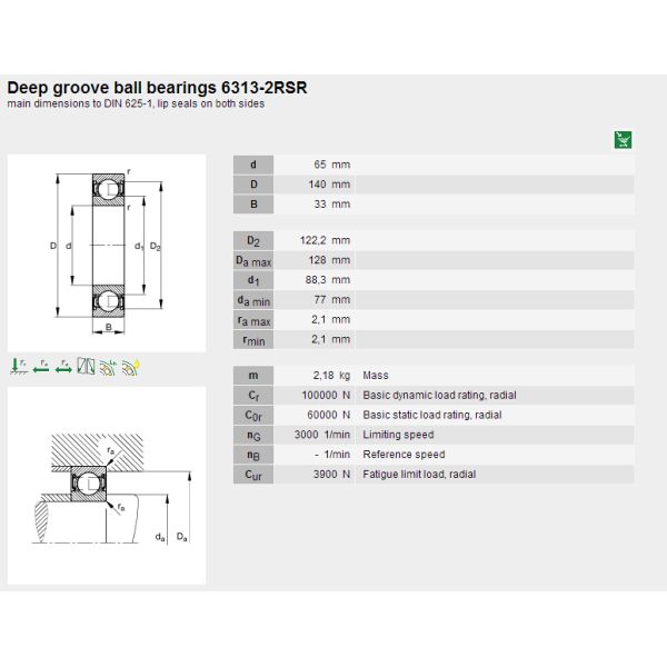 6313-2RSR FAG Ball Bearings with Lip Seals for Agricultural machinery