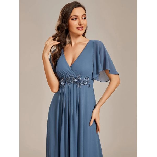 Sexy Empire Applique A-line Short Flutter Sleeves V-neck Invisible Zipper Dusty Navy Chiffon Prom Dress