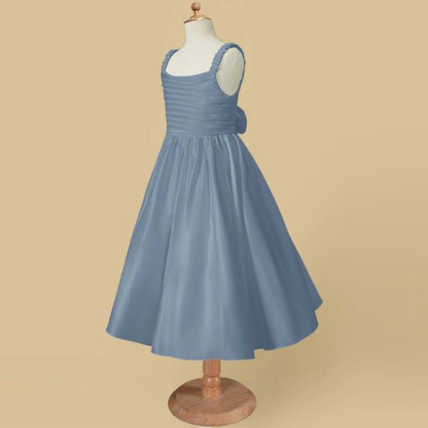 Wholesale Factory Lovely Blue Satin Flower Girl Dress A-Line Ruffles Tea-length Plus Size Sleeveless Children