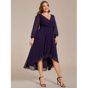 Plus Size Ruffled A-line Long Sleeve V-neck High Low Wedding Guest White Chiffon