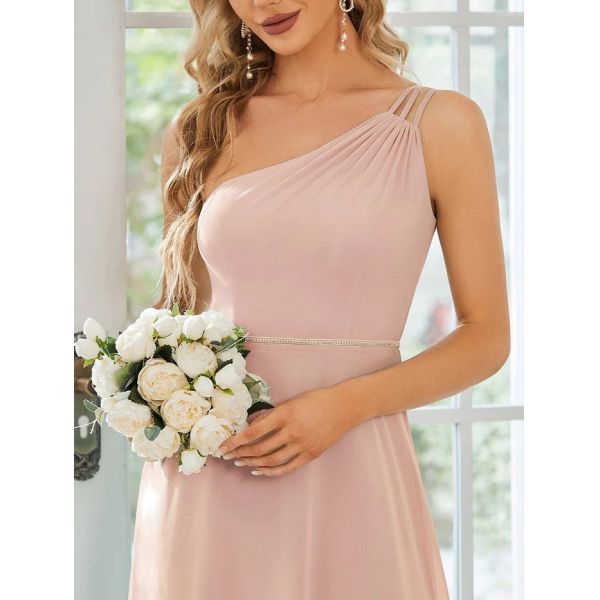 Asymmetry Custom Size Spaghetti Strap One-shoulder A-line Pink Flowy Chiffon Party Dress