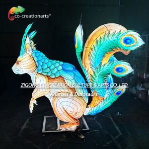 China Giant Illuminated Squirrel Sculpture Lantern With Dazzling Peacock Feather Tail on sale