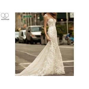 Mermaid Long Tail Prom Dresses , Floral Lace Wedding Gown Open Back Deep V Neck