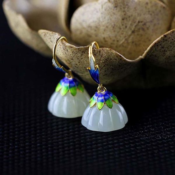 Retro Enamel 925 Silver Natural Hetian Jade Dangel Earrings (E17060201)