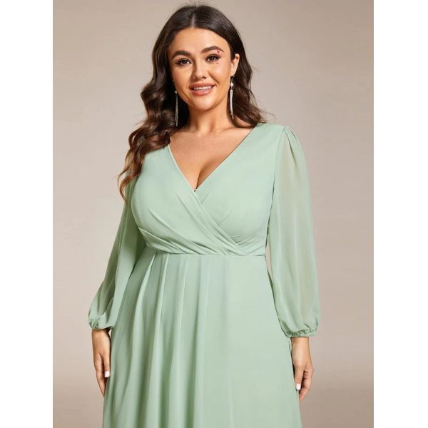 Elegant Empire Long Sleeve V-neck High Low A-line Ruffled Midi Mint Green Chiffon Wedding Guest Evening Dress