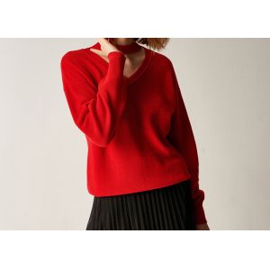 Hollow V Neck Choker Womens Knit Pullover Sweater Red Acrylic Wool Red Jumper