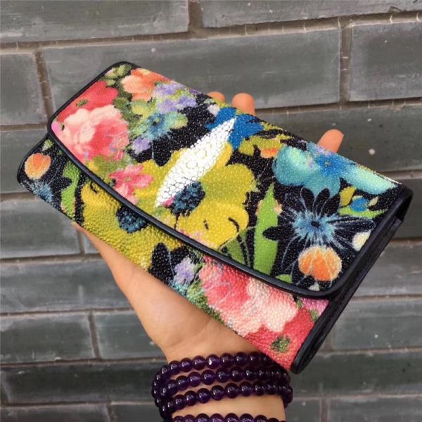 Authentic Stingray Skin Female Long Flower Trifold Wallet Genuine Leather Lady Large Clutch Bag Women Floral Coin Purse