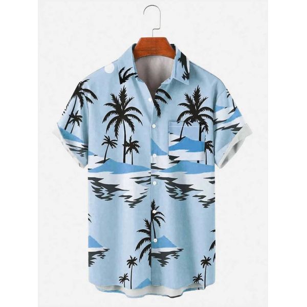 Custom Printed Hawaiian Camp Shirt for Men Allover Logo Design Covered Button Closure
