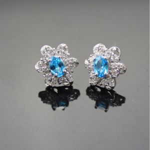 China Sterling Silver Oval Blue Topaz  Clear Cubic Zircon Earrings（E01） on sale
