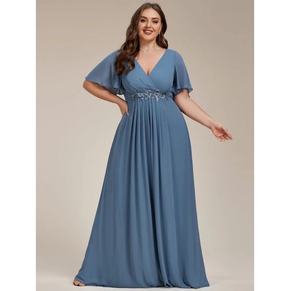 Empire Plus Size Applique Short Sleeve A-line V-neck Flutter Sleeves Invisible Zipper Dusty Navy Chiffon Bridesmaid Dres