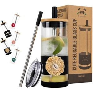 Glass Cups With Lids and Straws -20 Fl Oz- Perfect Size Iced Coffee Cup -